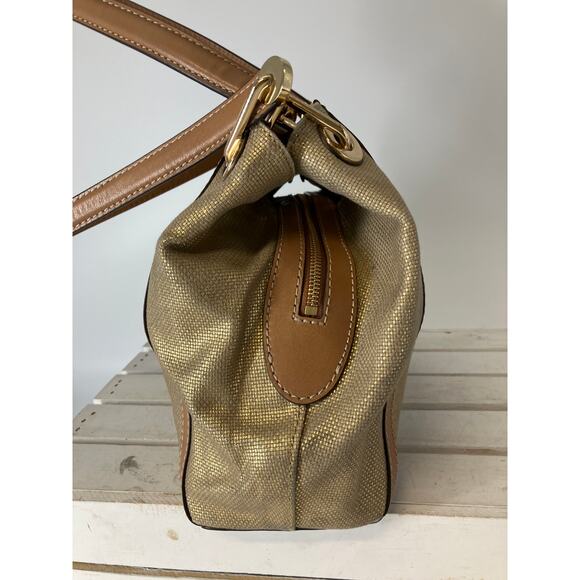 MICHAEL KORS, GOLD CANVAS, BROWN LEATHER TIM SHOULDER BAG - Picture 6 of 16